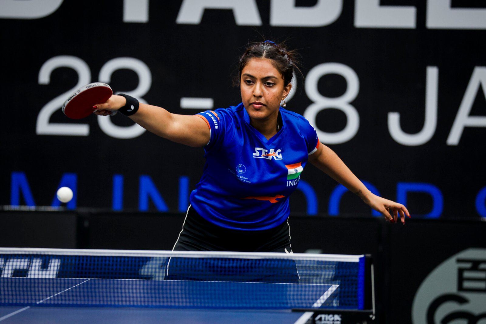 Ayhika Mukherjee in action during a WTT Star Contender Goa 2024 women's singles qualifier at the Peddem Indoor Stadium in Mapusa, Goa on Tuesday, January 23.