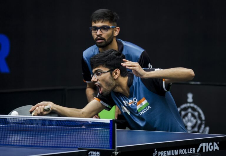India's Manush Shah and Manav Thakkar in action during a WTT Star Contender Goa 2024 men's doubles match at the Peddem Indoor Stadium in Mapusa, Goa on Thursday, January 25. 2024