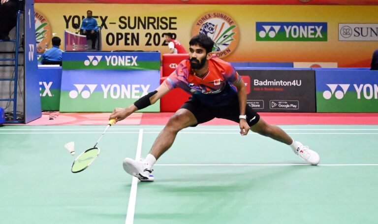Srikanth Kidambi during the Yonex-Sunrise India Open 2023 at the Indira Gandhi Indoor Stadium in New Delhi