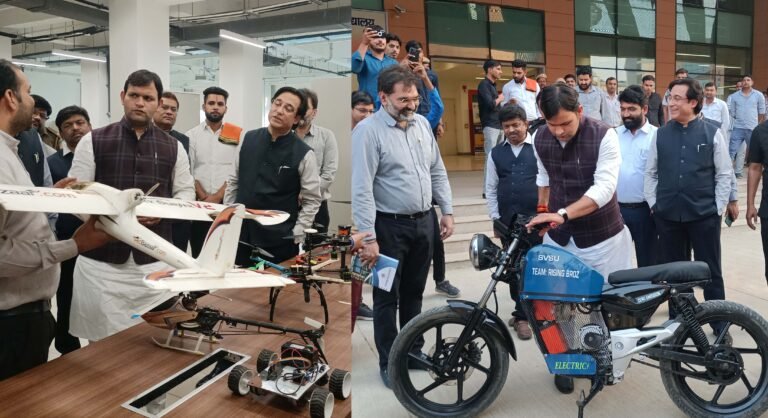 राज्य मंत्री गौरव गौतम ने विश्वविद्यालय में विश्वस्तरीय लैब का किया अवलोकन, स्क्रैप से बनी ई-व्हीकल और ई-बाइक पर की सवारी