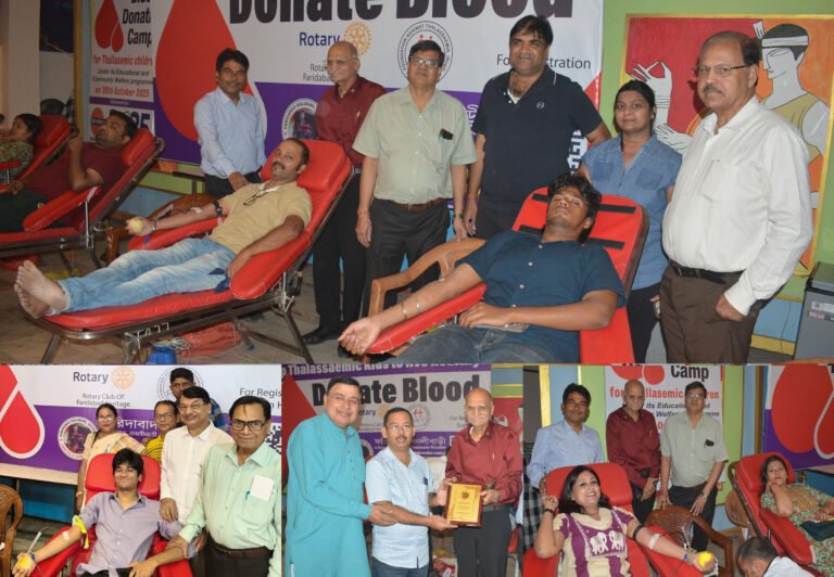 सेक्टर-16 फरीदाबाद कालीबाड़ी के प्रांगण में थैलासीमिया ग्रस्त बच्चों के लिए रक्तदान शिविर का आयोजन किया गया