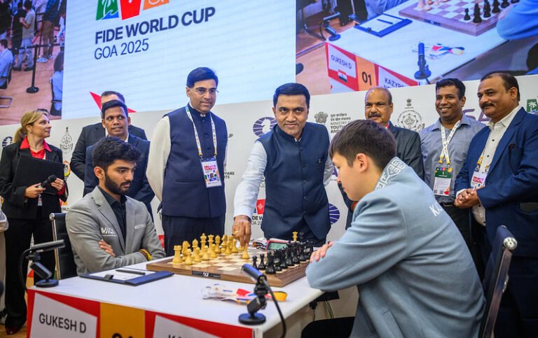 FIDE World Cup Goa 2025_Dr Pramod Sawant, Honorable Chief Minister of Goa making the first move for GM Gukesh D during Game 1 of Round 2 in Goa