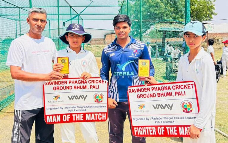 “2nd शशि वशिष्ठ ऑल इंडिया रविंदर फागना अंडर 12 डे नाइट क्रिकेट टूर्नामेंट- 2026,” के मैच में रविंद्र फागना क्रिकेट अकादमी ने शिव नादर स्कूल को 5 विकेट से हराया